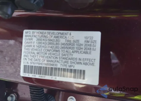 2022 Honda Pilot Awd Elite from USA, damaged, VIN 5FNYF6H01NB094830